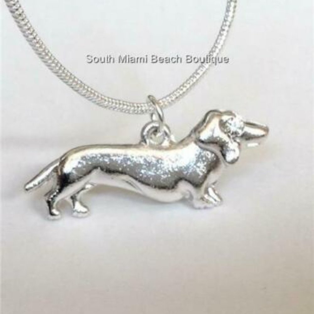 Silver Plated Dachshund Doxie Necklace Crystal Dog Mom Rescue 20"